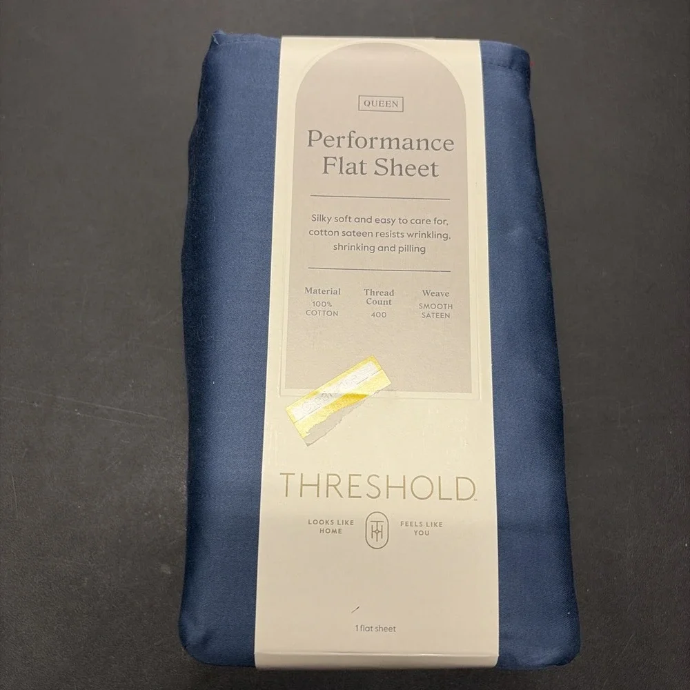 Threshold Performance Cotton Sateen QUEEN Flat Sheet Blue 400 TC Smooth 20628